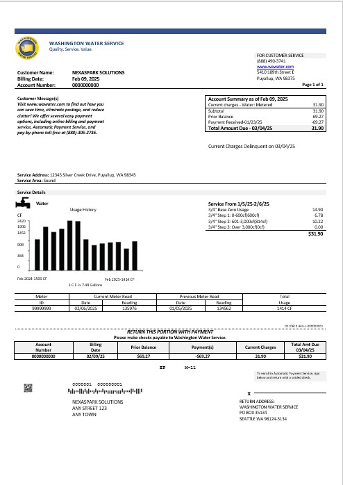 USA Washington Water Service business utility bill template in Word and PDF formats